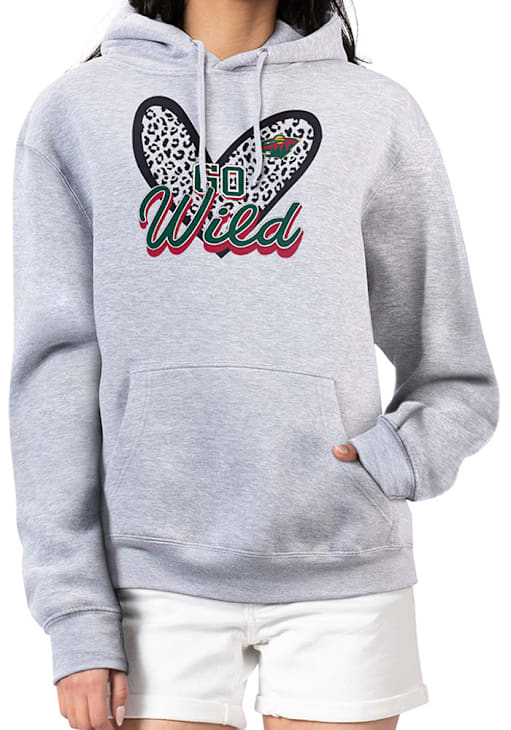 4Her Minnesota Wild Womens HEATHER GREY Leopard Heart Hoodie