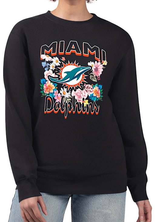 Miami Dolphins 4Her Crew Sweatshirt Womens BLACK Flowers Long