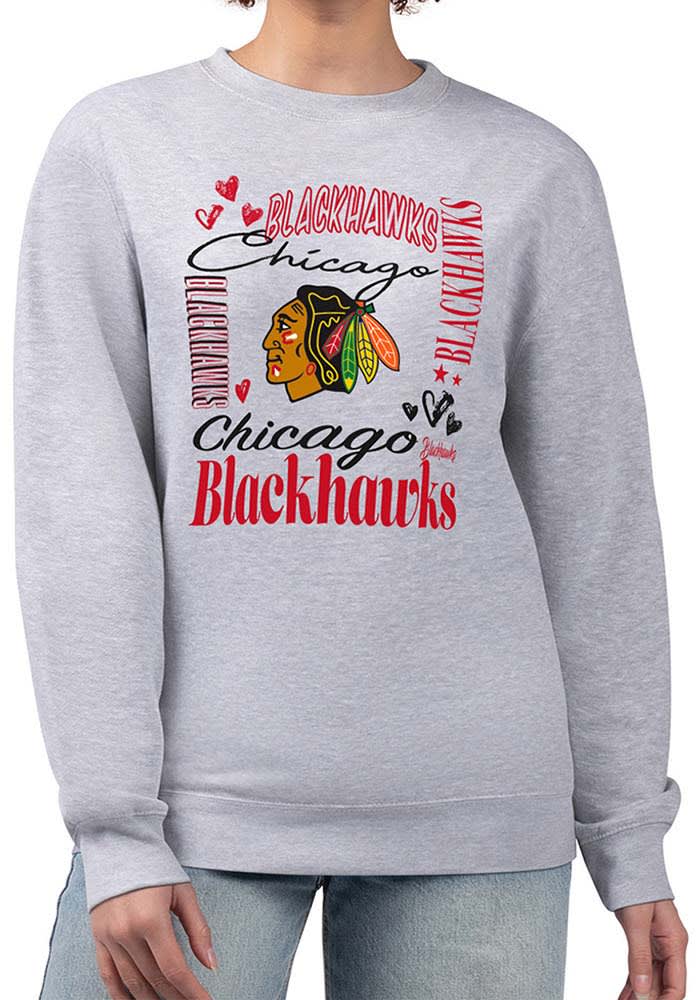 Chicago Blackhawks 4Her Crew Sweatshirt Womens HEATHER GREY Collage Long Sleeve