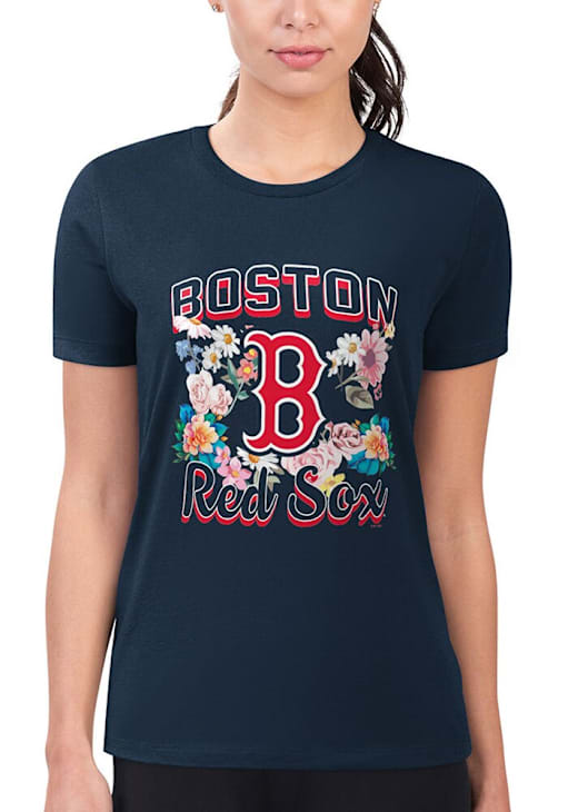 4Her Boston Red Sox Womens NAVY Flowers Fitted T-Shirt 43449166