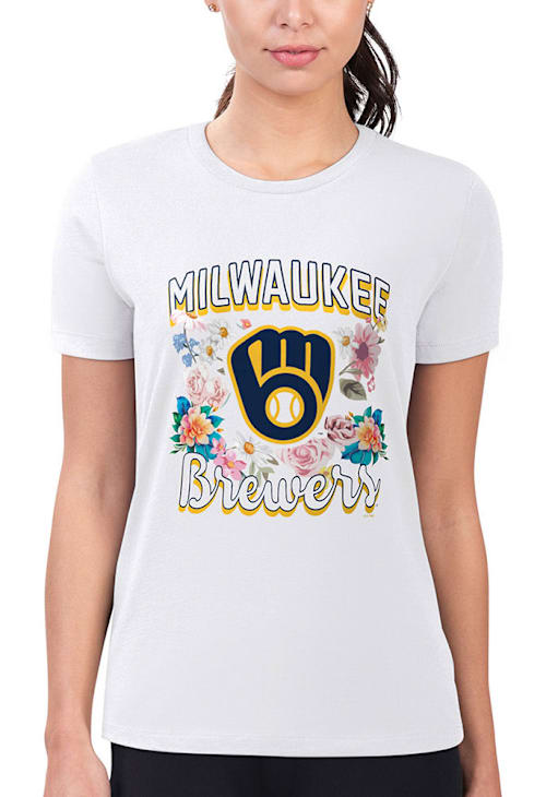 4Her Milwaukee Brewers Womens White Flowers Fitted T-Shirt 43449291