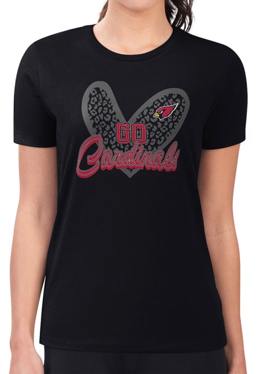 4Her Arizona Cardinals Womens Black Leopard Heart Fitted Short Sleeve T-Shirt