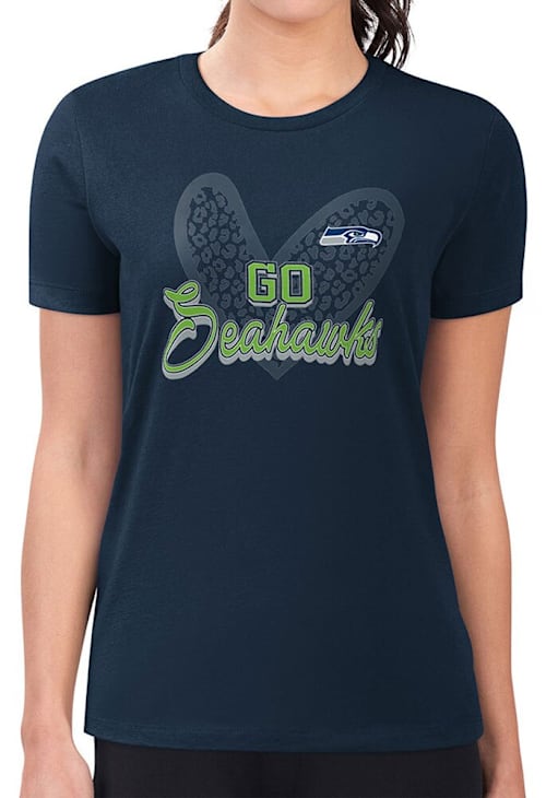 4Her Seattle Seahawks Womens NAVY Leopard Heart Fitted T-Shirt