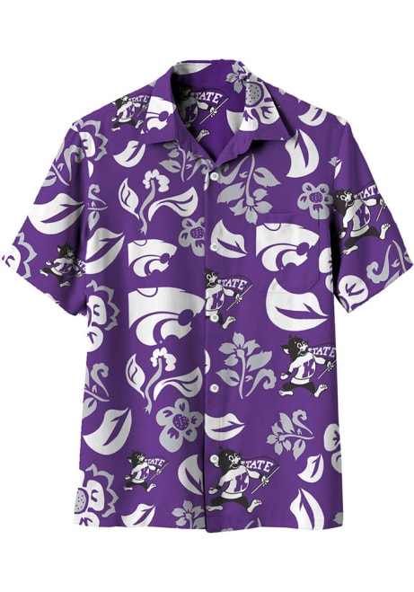 Mens K-State Wildcats Purple Wes and Willy Floral Button Down Short Sleeve Dress Shirt