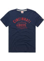 Cincinnati Reds Homage Arch Name Coop Logo Fashion T Shirt - Navy Blue
