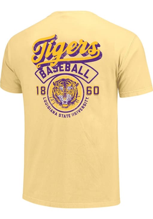 LSU Tigers Youth Yellow Vintage Script Baseball Stripes Short Sleeve T-Shirt