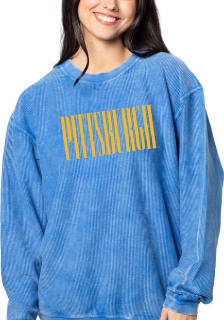 Womens Blue Pitt Panthers Team Design Script Crew Sweatshirt