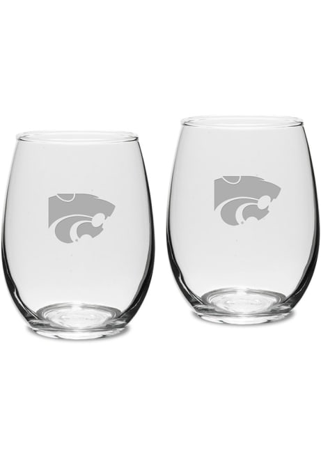 White K-State Wildcats Hand Etched Crystal Set of 2 15oz Stemless Wine Glass