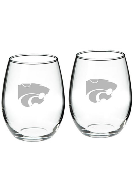 White K-State Wildcats Hand Etched Crystal Set of 2 22oz Stemless Wine Glass