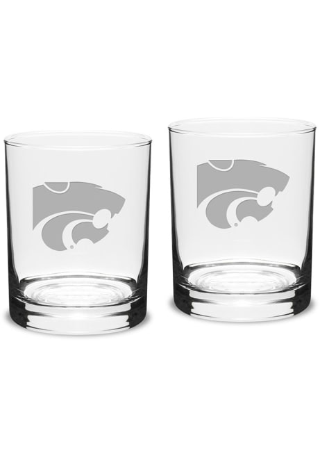 White K-State Wildcats Hand Etched Crystal Set of 2 14oz Double Old Fashioned Rock Glass