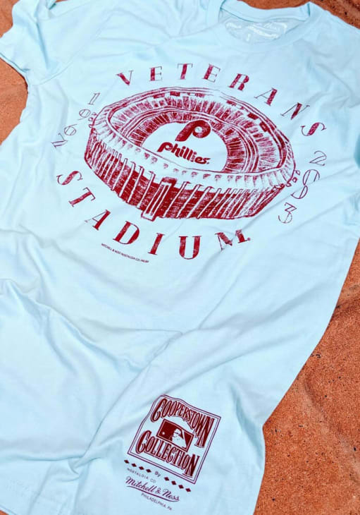 Mitchell and Ness Philadelphia Phillies Light Blue Veterans Stadium Short Sleeve Fashion T Shirt