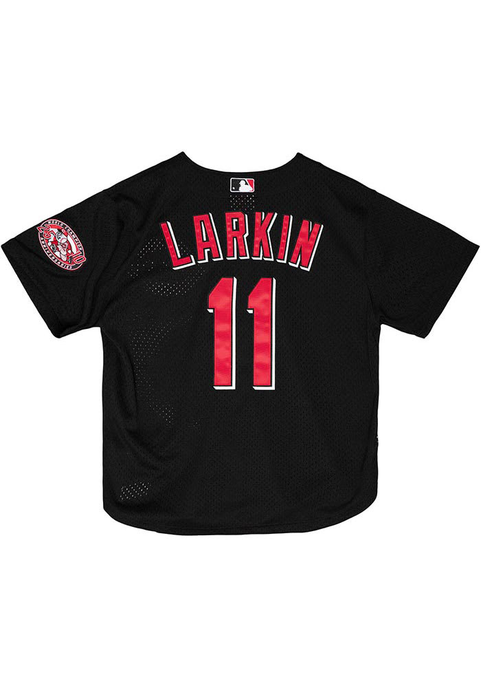 Mitchell Ness Men s MLB Barry Larkin Cincinnati Reds Cooperstown Collection Mesh Batting Practice Button Up Jersey Black X Large