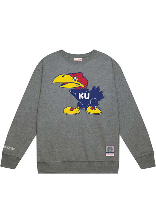 Mitchell and Ness Kansas Jayhawks Mens Grey Down To The Wire 1941 Vintage Logo Long Sleeve Crew Sw..