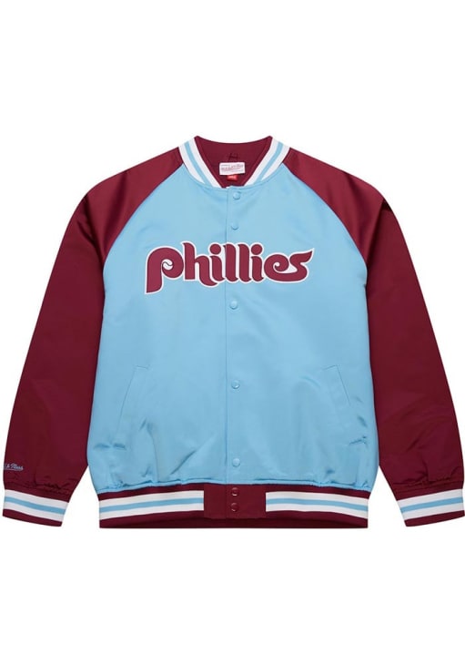 Mitchell and Ness Philadelphia Phillies Mens Light Blue Double Clutch Satin Light Weight Jacket