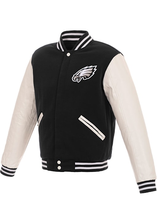 Philadelphia Eagles Mens Black Reversible Fleece Faux Leather Medium Weight Jacket