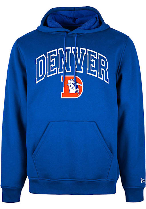 New Era Denver Broncos Mens ROYAL Retro Arch Name Hoodie 590003980