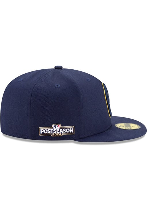 New Era Milwaukee Brewers Mens Navy Blue Home AC 2024 Postseason Side Patch 59FIFTY Fitted Hat