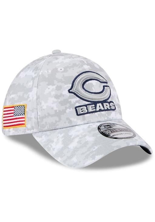 New Era Chicago Bears Mens Grey 2025 Salute to Service Camo Fan Pack 39THIRTY Flex Hat