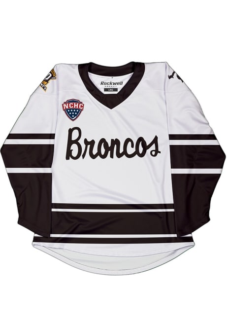 Mens White Western Michigan Broncos Replica Hockey Script Team Name 50th Anniversary Hockey Jersey