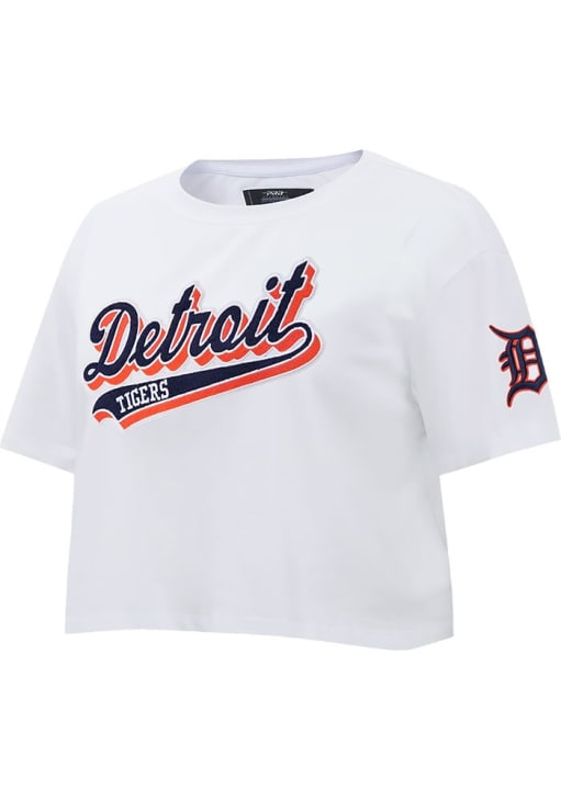 Pro Standard Detroit Tigers Womens White Script Tail Boxy Short Sleeve T-Shirt