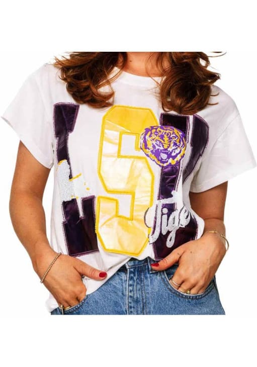 Queen of Sparkles LSU Tigers Womens White Metallic Letters Short Sleeve T-Shirt