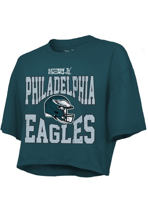 Philadelphia Eagles Womens Midnight Green 2024 Super Bowl Participant Fadeaway Helmet Short Sleeve..