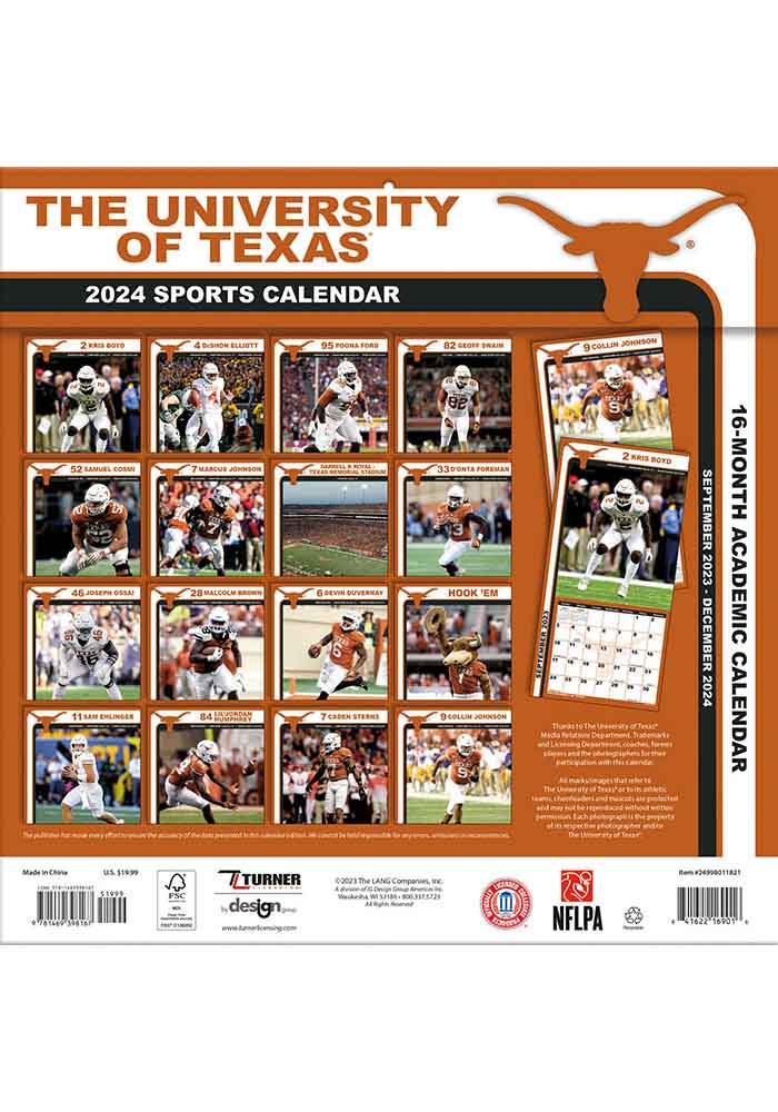 Texas Longhorns 2024 Team Wall 12x12 Calendar   7130702 1 