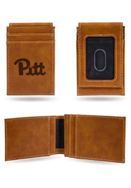 Laser Engraved Front Pocket Pitt Panthers Mens Bifold Wallet - Brown
