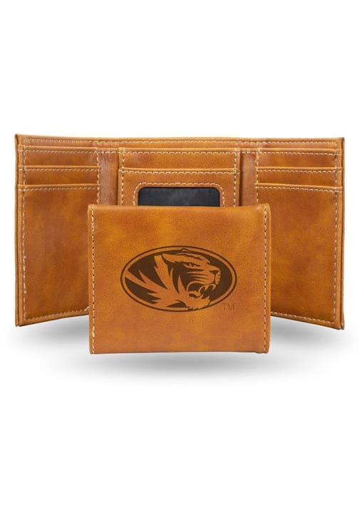 Missouri Tigers Laser Engraved Mens Trifold Wallet - Brown