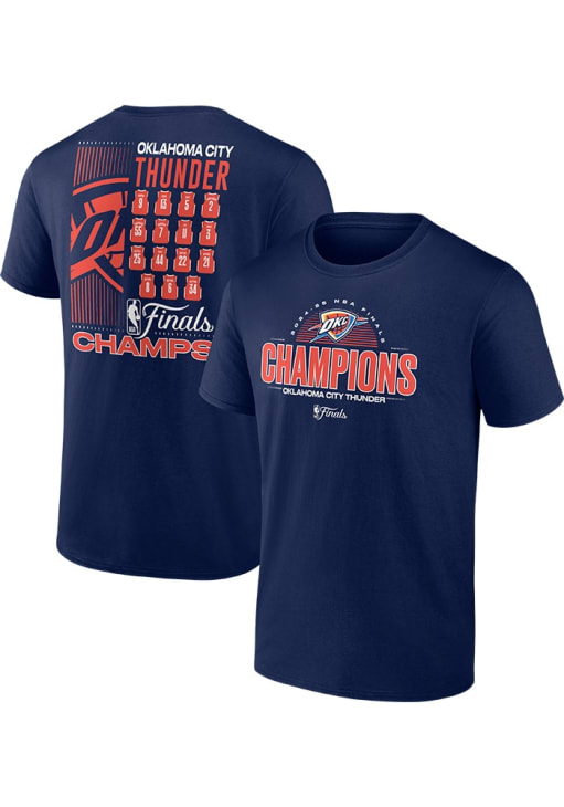 Oklahoma City Thunder Navy Blue 2025 FINALS CHAMPIONS DEFENSIVE REBOUND ROSTER Short Sleeve T Shir..