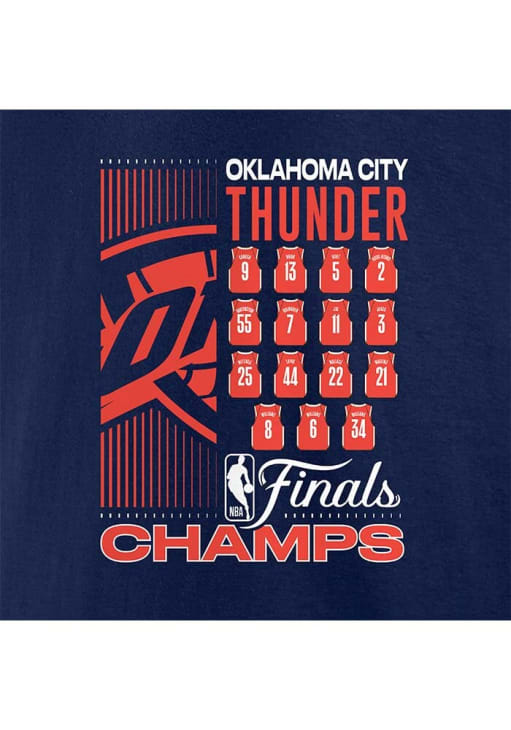 Oklahoma City Thunder Navy Blue 2025 FINALS CHAMPIONS DEFENSIVE REBOUND ROSTER Short Sleeve T Shir..