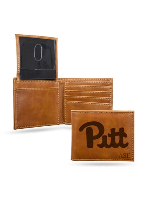 Personalized Laser Engraved Pitt Panthers Mens Bifold Wallet - Brown