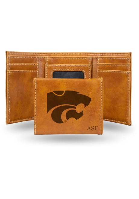 Personalized Laser Engraved K-State Wildcats Mens Trifold Wallet - Brown