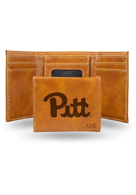 Personalized Laser Engraved Pitt Panthers Mens Trifold Wallet - Brown