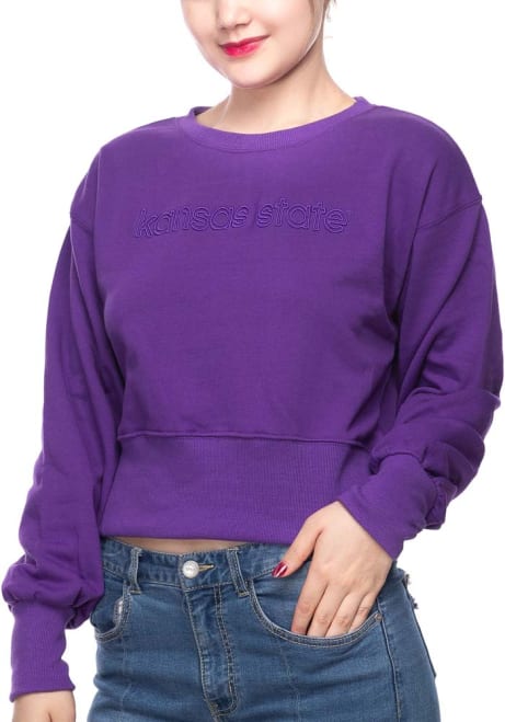 Womens Purple K-State Wildcats Wide Rib Crop Crew Sweatshirt