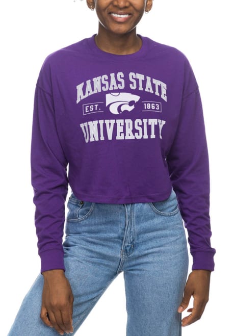 Womens Purple K-State Wildcats Drop Shoulder Cropped LS Tee