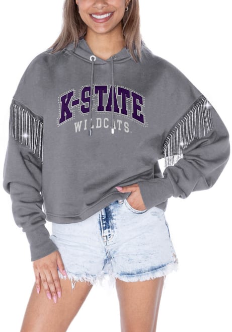 Womens K-State Wildcats Grey Gameday Couture Big Ambitions Rhinestone Fringe Hooded Sweatshirt