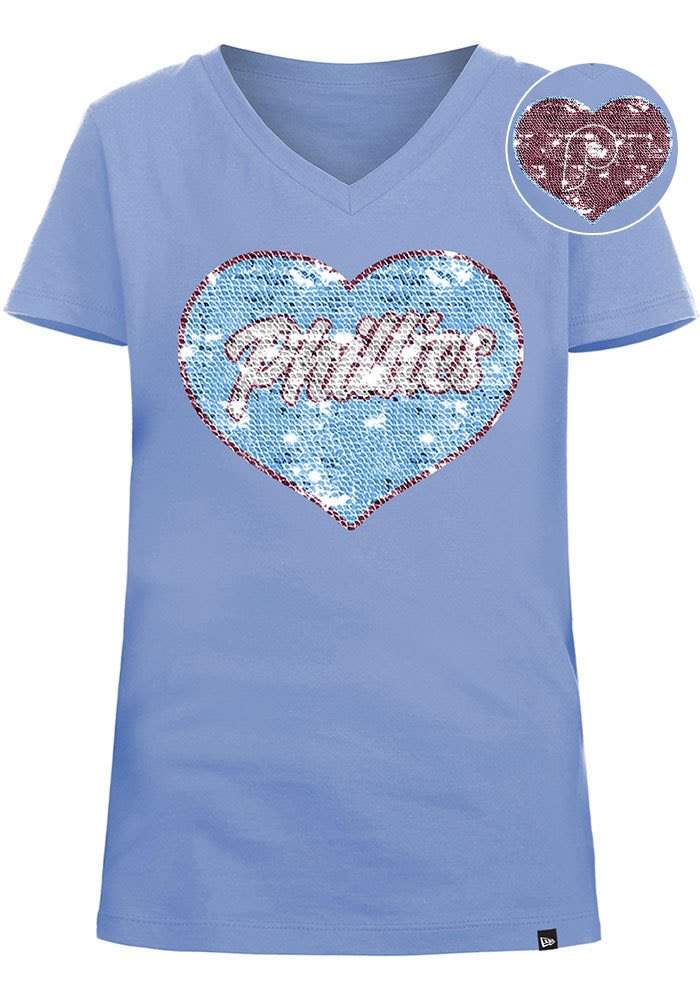 New Era Philadelphia Phillies Girls Light Blue Flip Sequin Vneck Heart  Short Sleeve Fashion T-Sh..