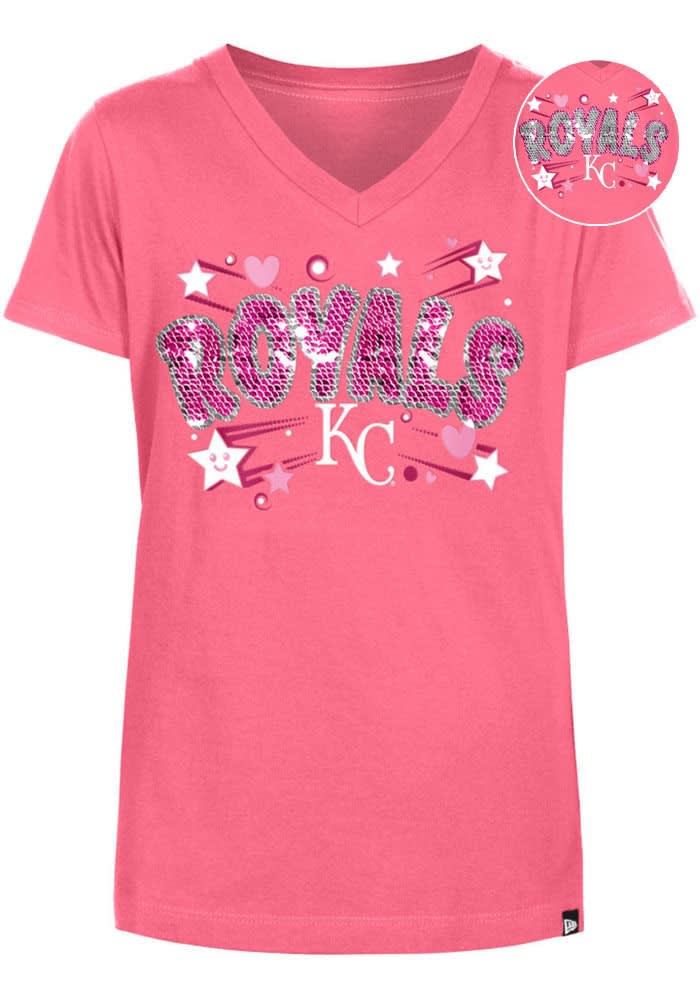 New Era Kansas City Royals Girls Pink Hearts and Stars Flip Sequin Short Sleeve Fashion T Shirt