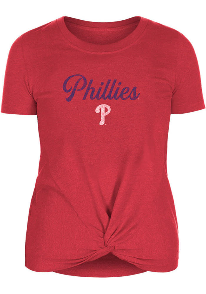 New Era Philadelphia Phillies Womens Red Front Knot Short Sleeve T-Shirt
