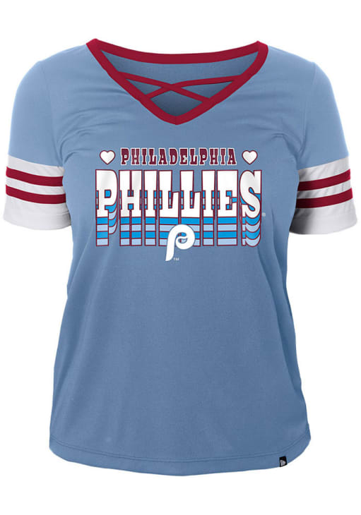 New Era Philadelphia Phillies Girls Light Blue Criss Cross Wordmark Coop Short Sleeve Fashion T-Sh..