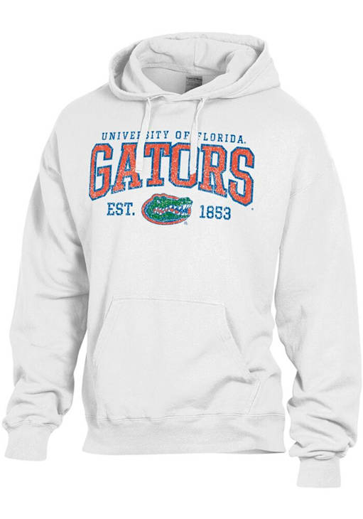 ComfortWash Florida Gators Mens White Name Mascot Logo EST Garment Dyed Long Sleeve Hoodie