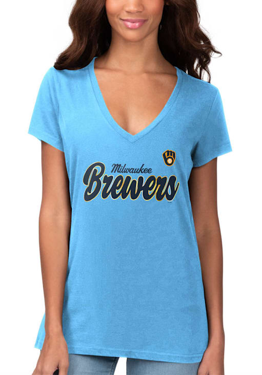 Milwaukee Brewers Womens LIGHT BLUE Foil T-Shirt 9436850