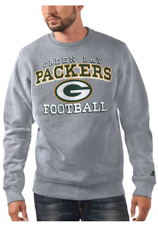 Starter Green Bay Packers Mens GREY Sport Drop Crew Sweatshirt