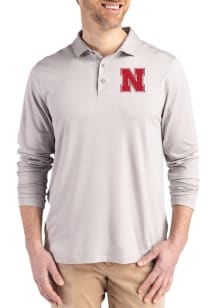 Mens Nebraska Cornhuskers Grey Cutter and Buck Coastline Long Sleeve Polo Shirt