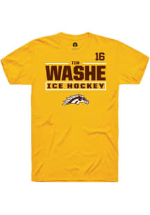 Tim Washe Rally Mens Gold Western Michigan Broncos NIL Stacked Box Player T Shirt
