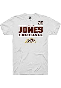 Justin Jones Western Michigan Broncos White Football NIL Stacked Box Short Sleeve Player T Shirt