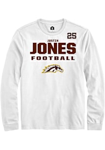 Justin Jones Western Michigan Broncos White Football NIL Stacked Box Long Sleeve Player T Shirt