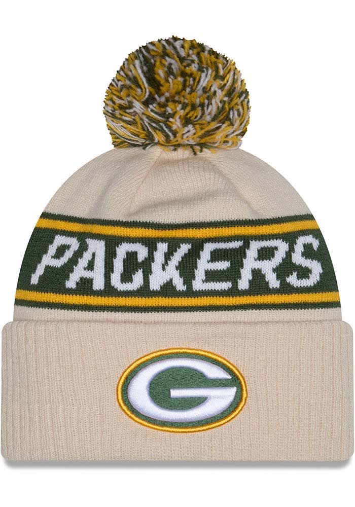 Green Bay Packers New Era CREAM DL Team Slogan Pom Cuff Knit Hat
