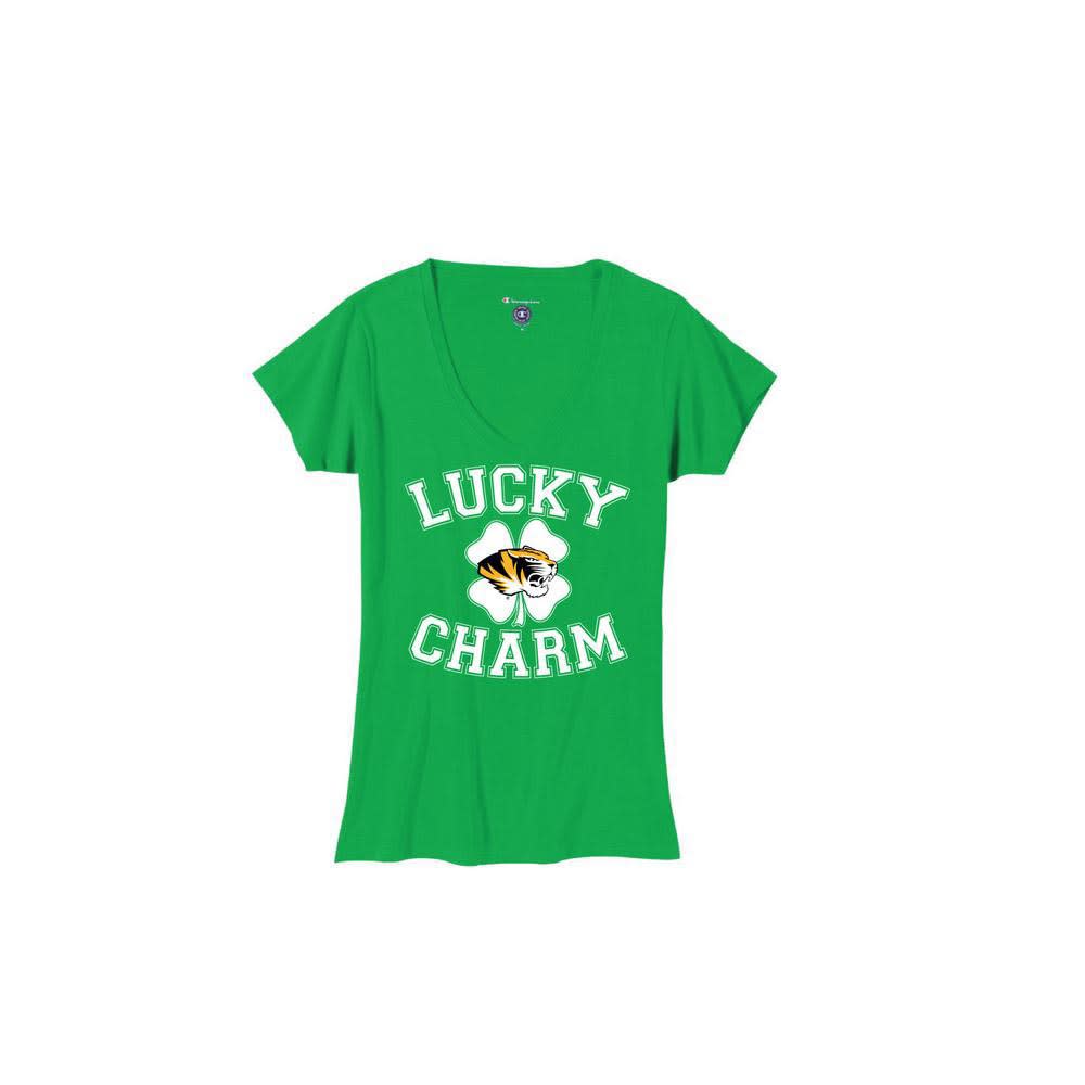 Missouri Tigers Womens Green Lucky Charm V-Neck T-Shirt